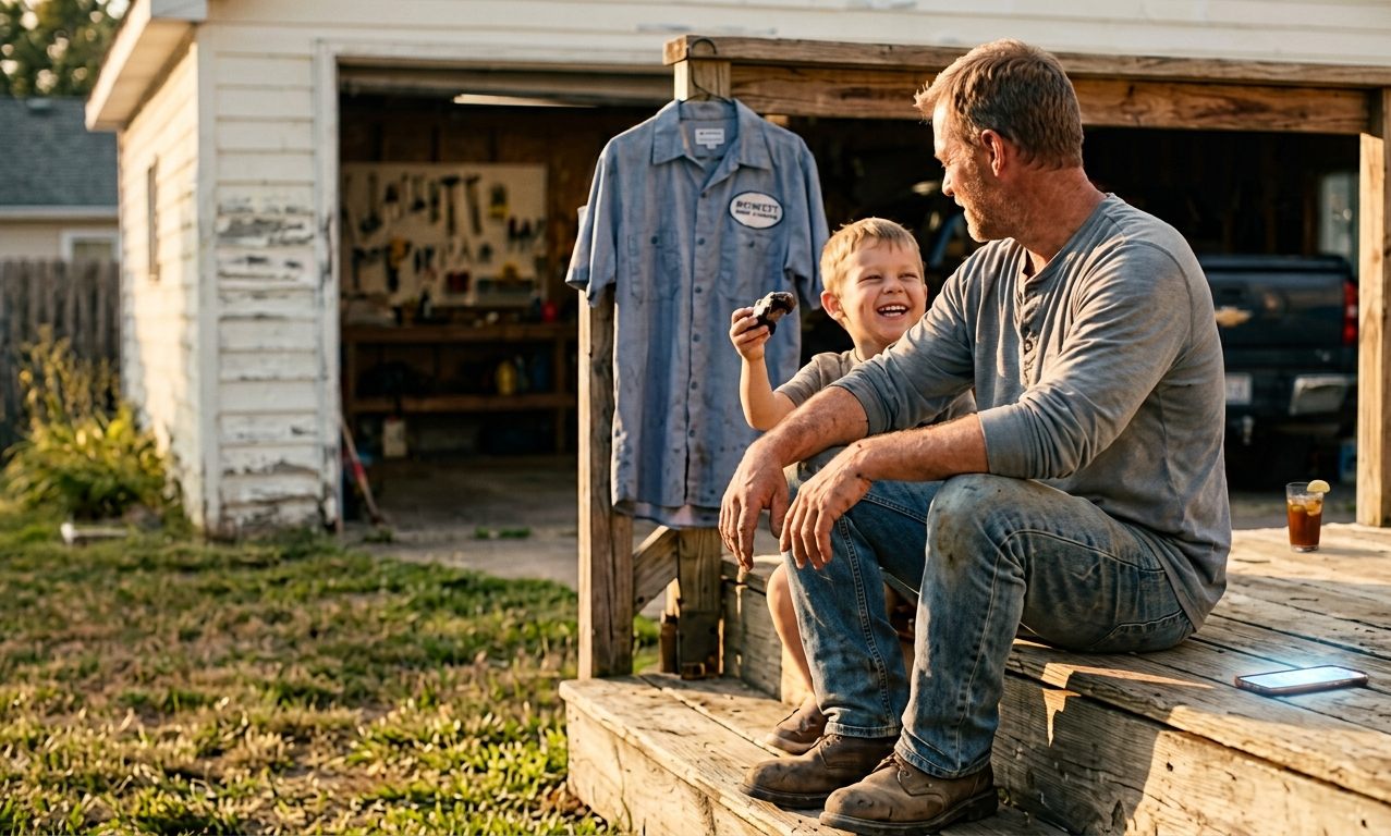 A home-service owner off the clock at golden hour, phone set aside, present with his kid