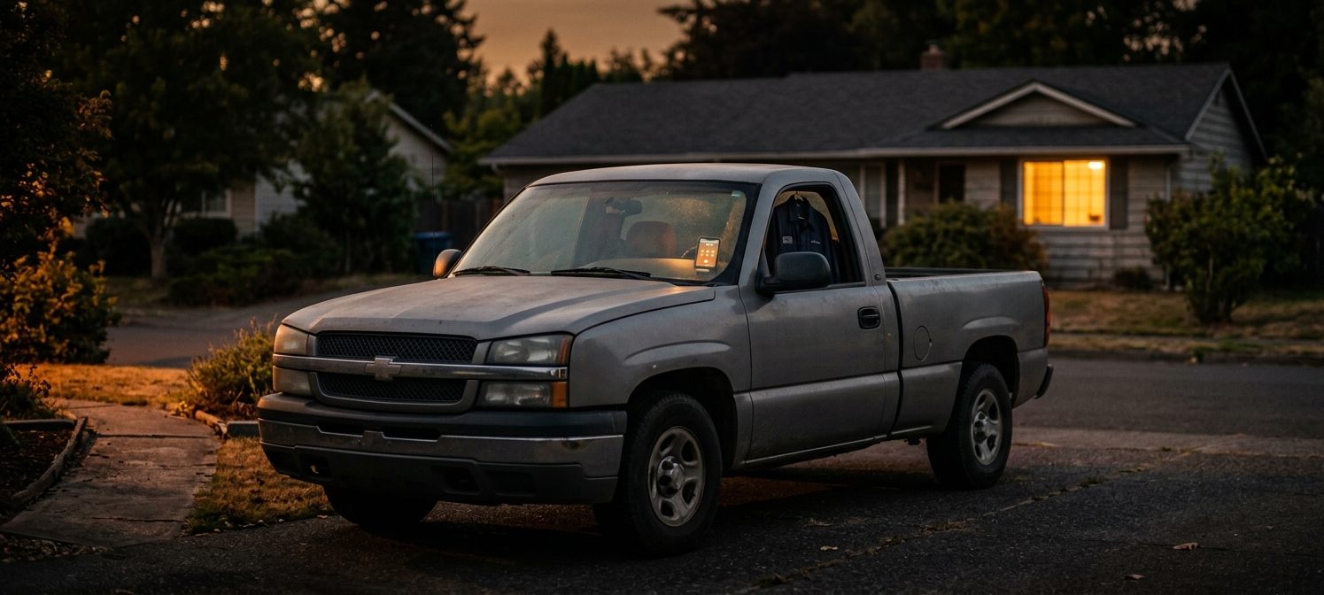 A work truck in a driveway at dusk, one warm window lit in the house behind