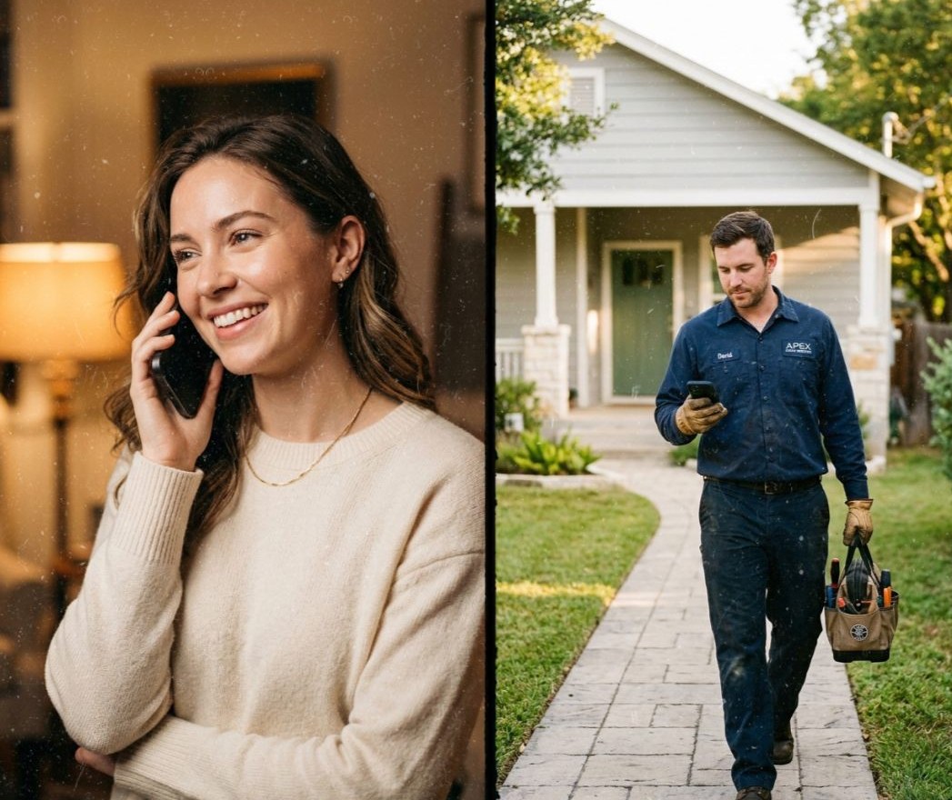 A homeowner taking a call in the evening, and a technician arriving the next morning